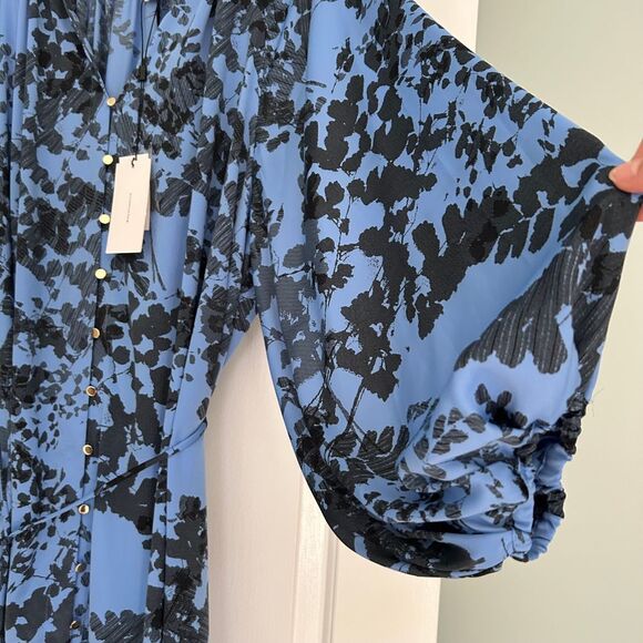 Halston Blue & Black Floral Print Long Sleeve  Dress with Balloon Sleeves NWT - Picture 5 of 6